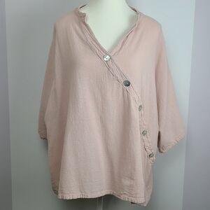 Oh My Gauze! rose pink v-neck 3/4 sleeve lagenlook relaxed fit blouse, sz L